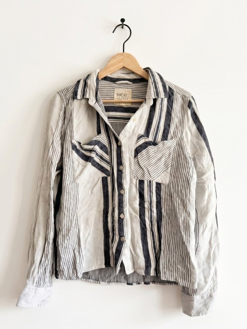 Thread & Supply Ivory Navy Mixed Stripe Button Down Top Size M